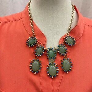 Fashion Beyond Oval Green Blue Gold-tone Chain Women's Bib Necklace NWT